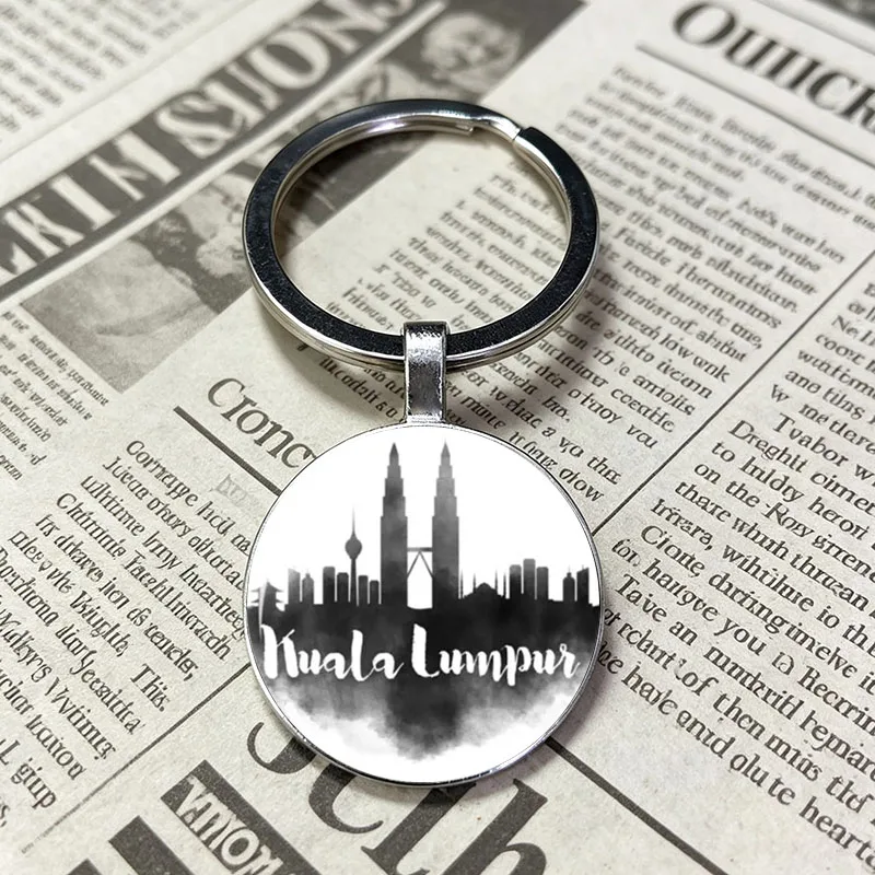 Bangkok Athens Kuala Lumpur Brazil City Silhouette Glass Keychain Ink Art Pattern Metal Key Ring Travel Memorial Gift