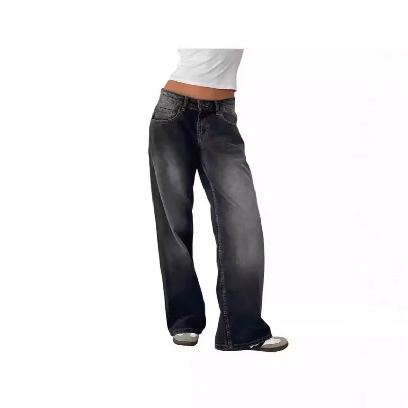 Amerykańskie retro jeansy damskie z niskim stanem, bez gumki, sprane, z prostymi nogawkami, jesienne nowe szerokie spodnie damskie w stylu streetwear.