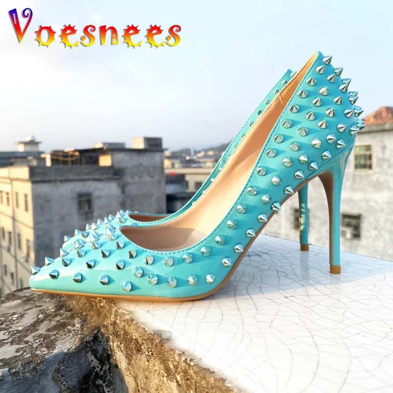 

Europe And America Style Blue Color Women's Shoes 10CM Pointed Toe Stilettos High Heels Size 34-43 Silver Rivets Slip-on Pumps