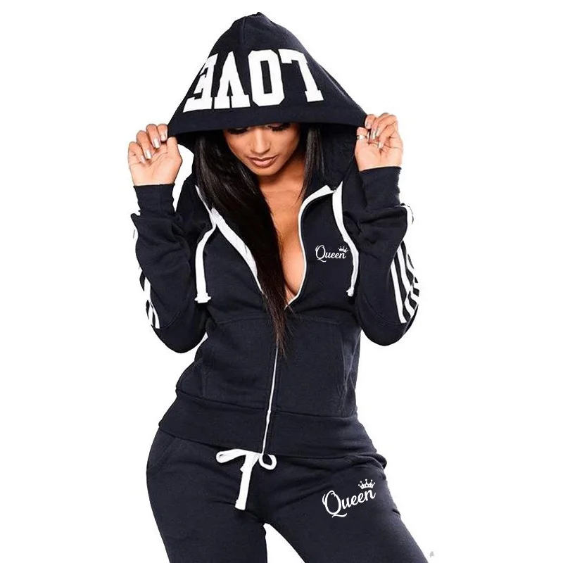 Hot Women\'s Fashion Queen\'s Print Tracksuit Striped Hoodies and Jogger Pants Ladies Daily Casual Clothes