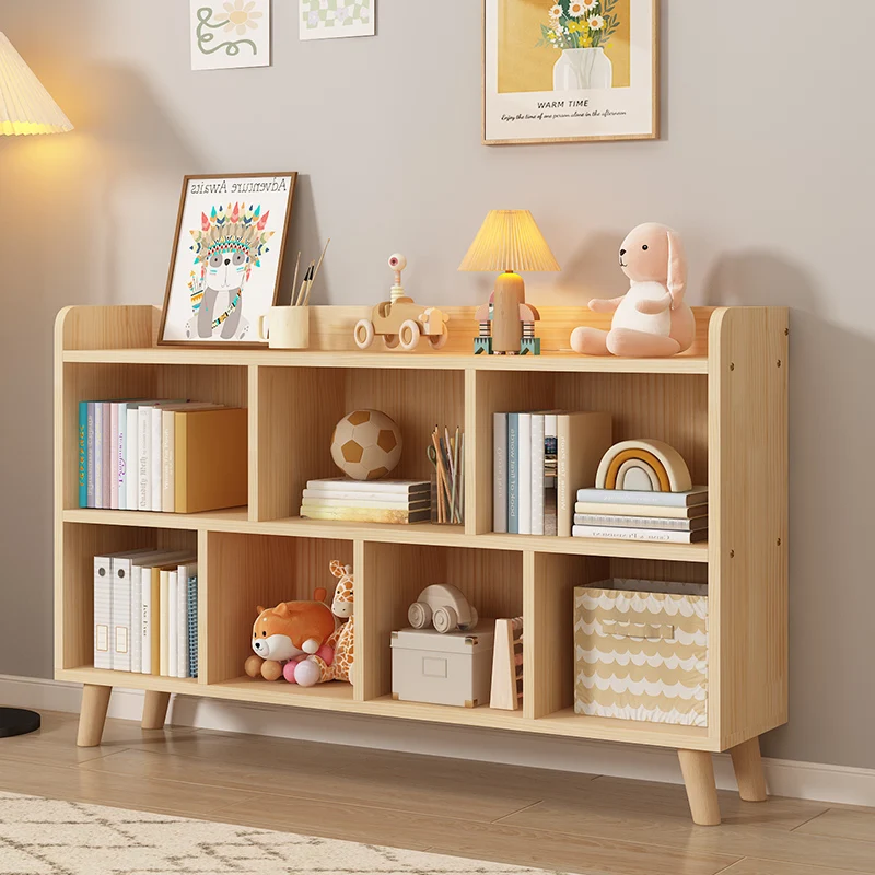 Solid wood bookshelf Floor-to-ceiling children's bookcase Student storage Multi-layer lattice shelf Storage with door Low cabine