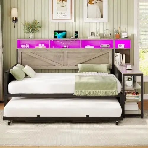 Daybed with Pop Up Trundle, Farmhouse Wooden Full Size Daybed Frame with 3 Storage Drawers and Shelves, Full Daybed