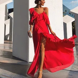 Vintage Red Prom Dresses Chic Ruched One Shoulder Sleeveless A Line Floor Length Custom Made Evening Gown Luxury Wedding Set