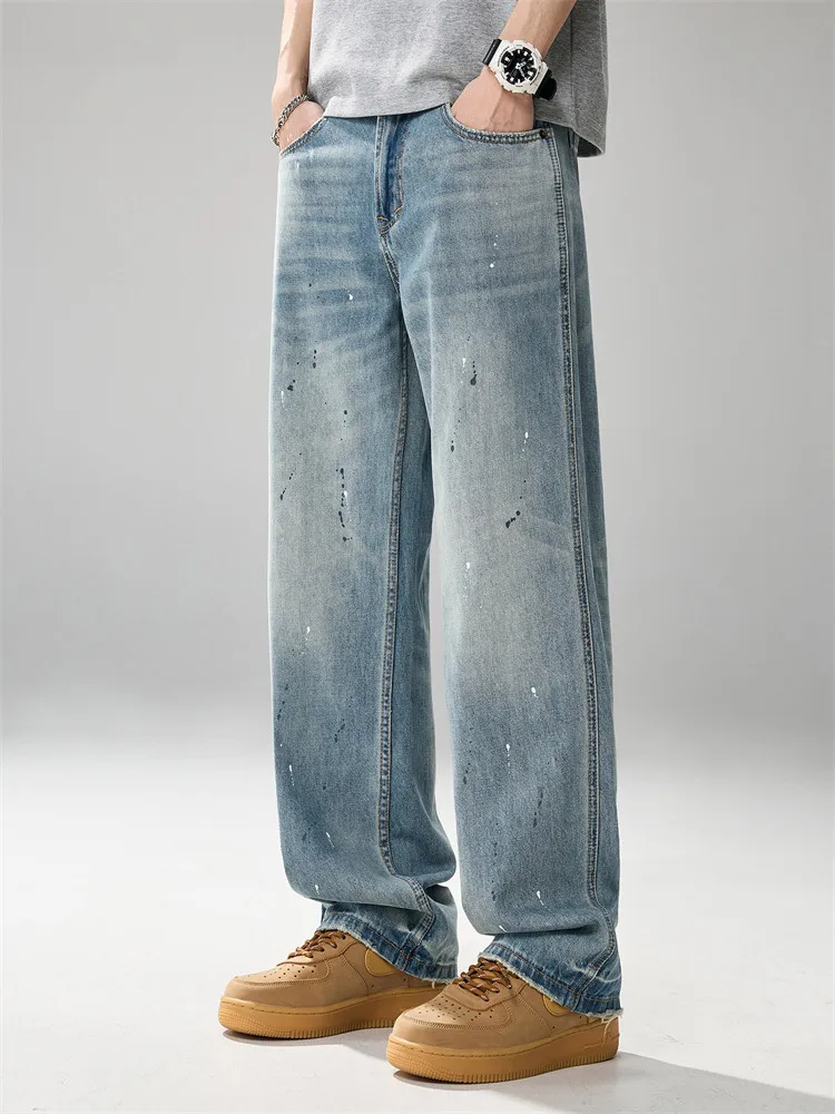 

Waed American Luxury Men's Jeans Spring Summer Loose Wide Leg Casual Pants Vintage Dyeing Draped Sle Versatile Cotton Denim
