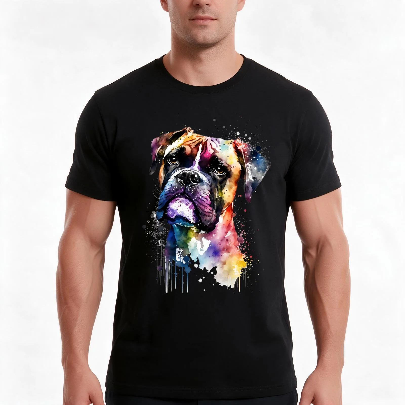 Rainbow Boxer Dog Watercolor Portrait T-Shirt, Summer Casual Cotton Tee, Oversized Streetwear Tops, Vintage Graphic Print