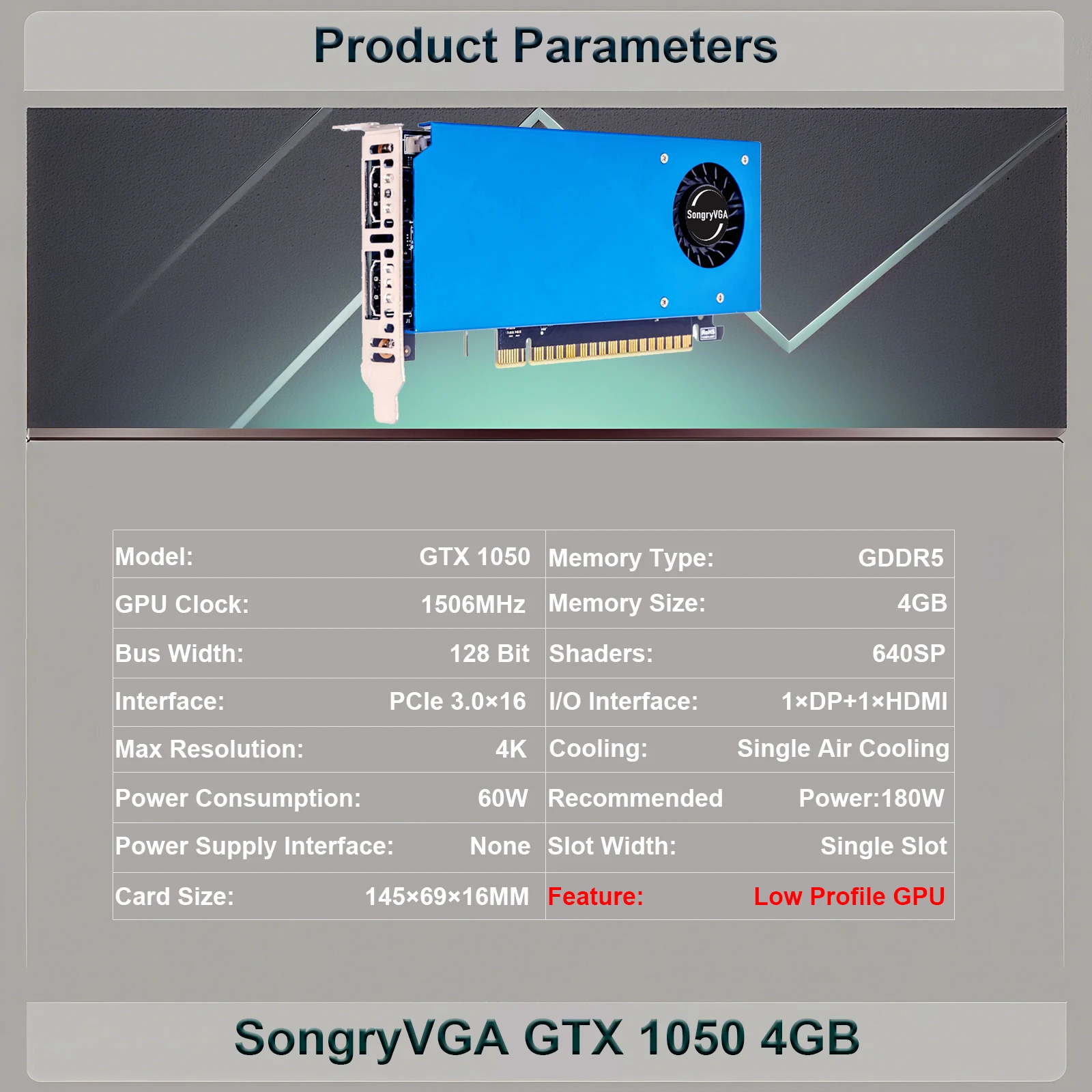 بطاقة رسومات SongryVGA GTX 1050 4GB GDDR5 منخفضة المستوى، 128 بت PCIe 3.0 x16، منافذ HDMI DP HDCP 2.2 دعم، وحدة معالجة الرسومات ذات الشكل الصغير