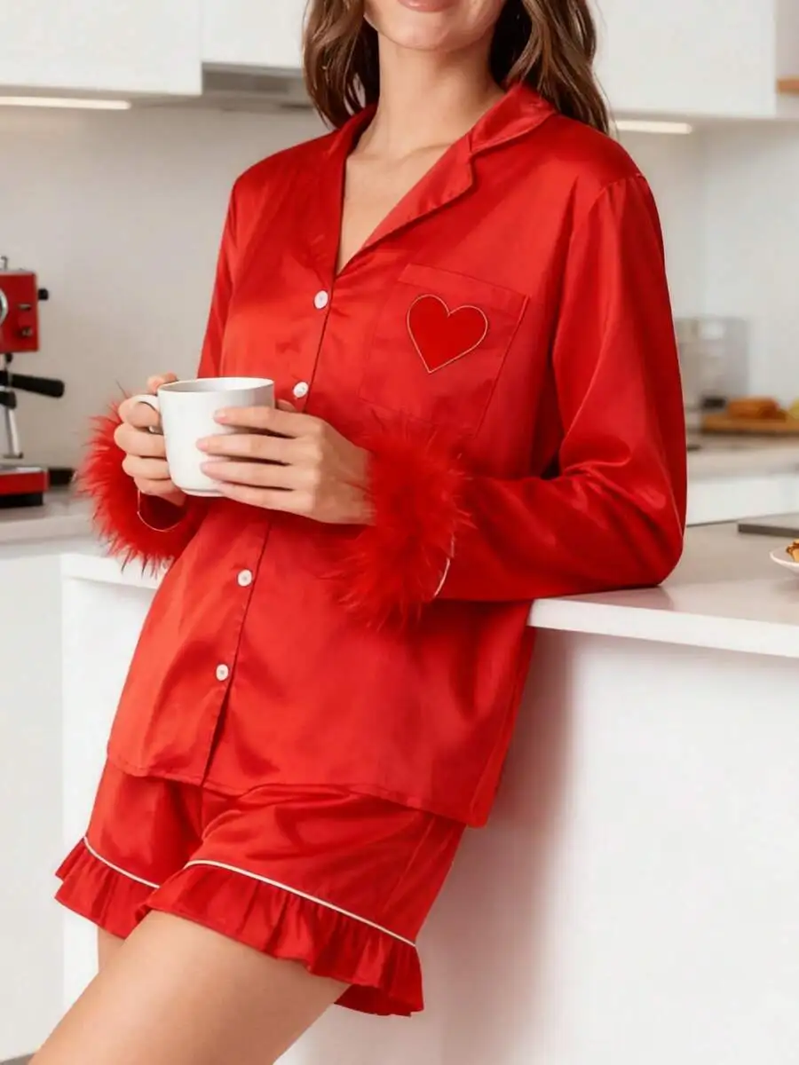 

Womens Red Satin Pajama Set With Fuzzy Cuffs Heart Embroidery Button Up Shirt And Ruffled Shorts