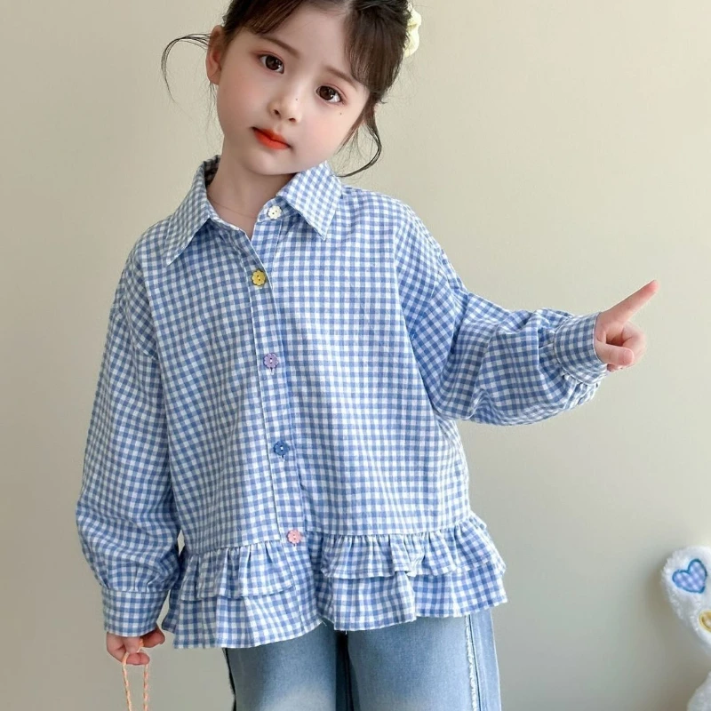 2026 Girls Plaid Shirt Sweet Ruffle Collar Autumn Tops Kids Fashion Children Blouse 6