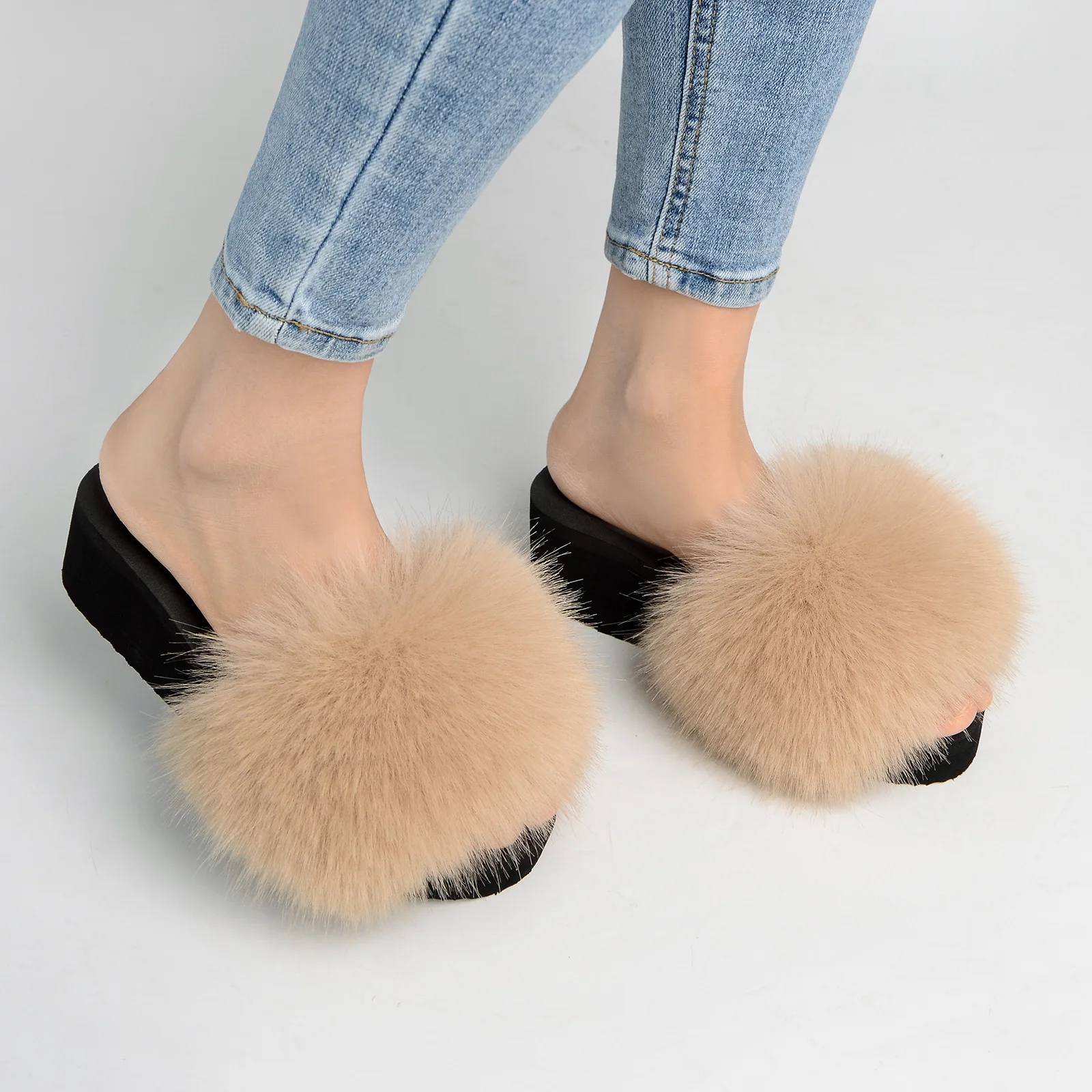 New Style Women\'S Furry Fur Slippers Fake Fox Fur Fluffy Sandals Summer Non-Slip Open-Toed Indoor Sandals