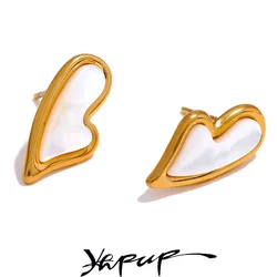 Yhpup New Natural Shell Red Agate Heart Stud Earrings Stainless Steel Cute Charm Jewelry for Women 18K PVD Plated Bijoux Gift