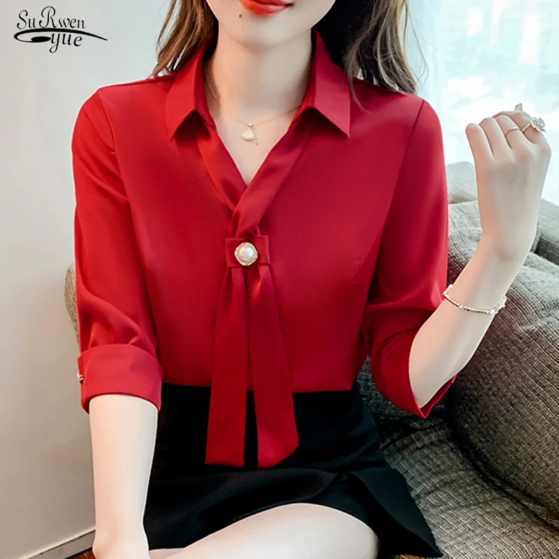 Spring Bow V-neck White Blouse Fashion Solid Red Tops Casual Half Sleeve Chiffon Shirt Temperament Clothes Blusas De Mujer 19240