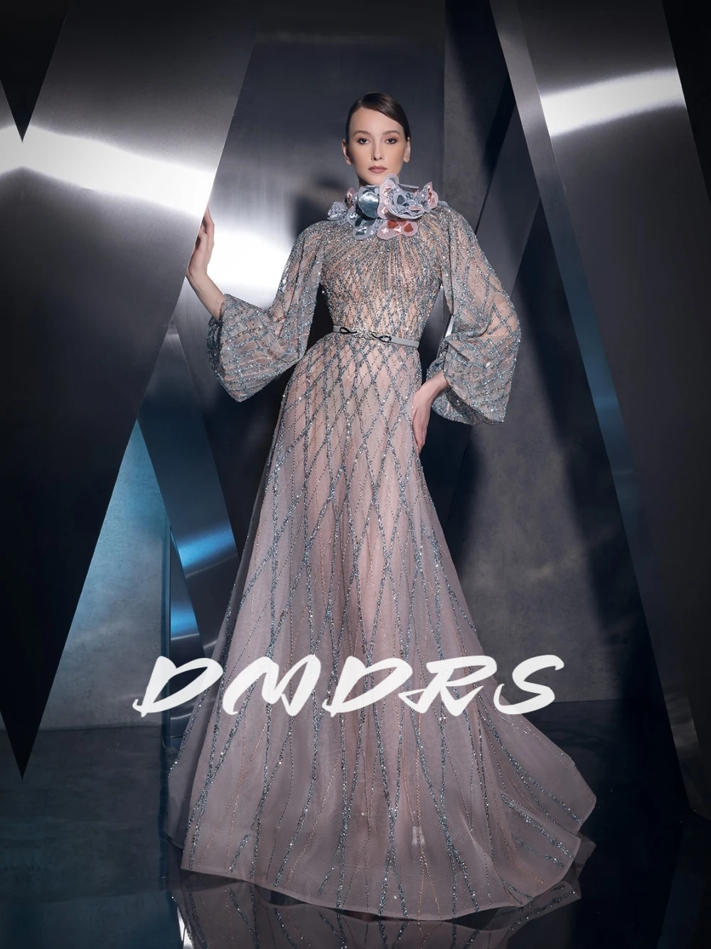 

DMDRS Chic Flowers Dainty Party Evening Dress A Line Beautiful High Neckline Customized Dazzling Women Prom Gown With Belt