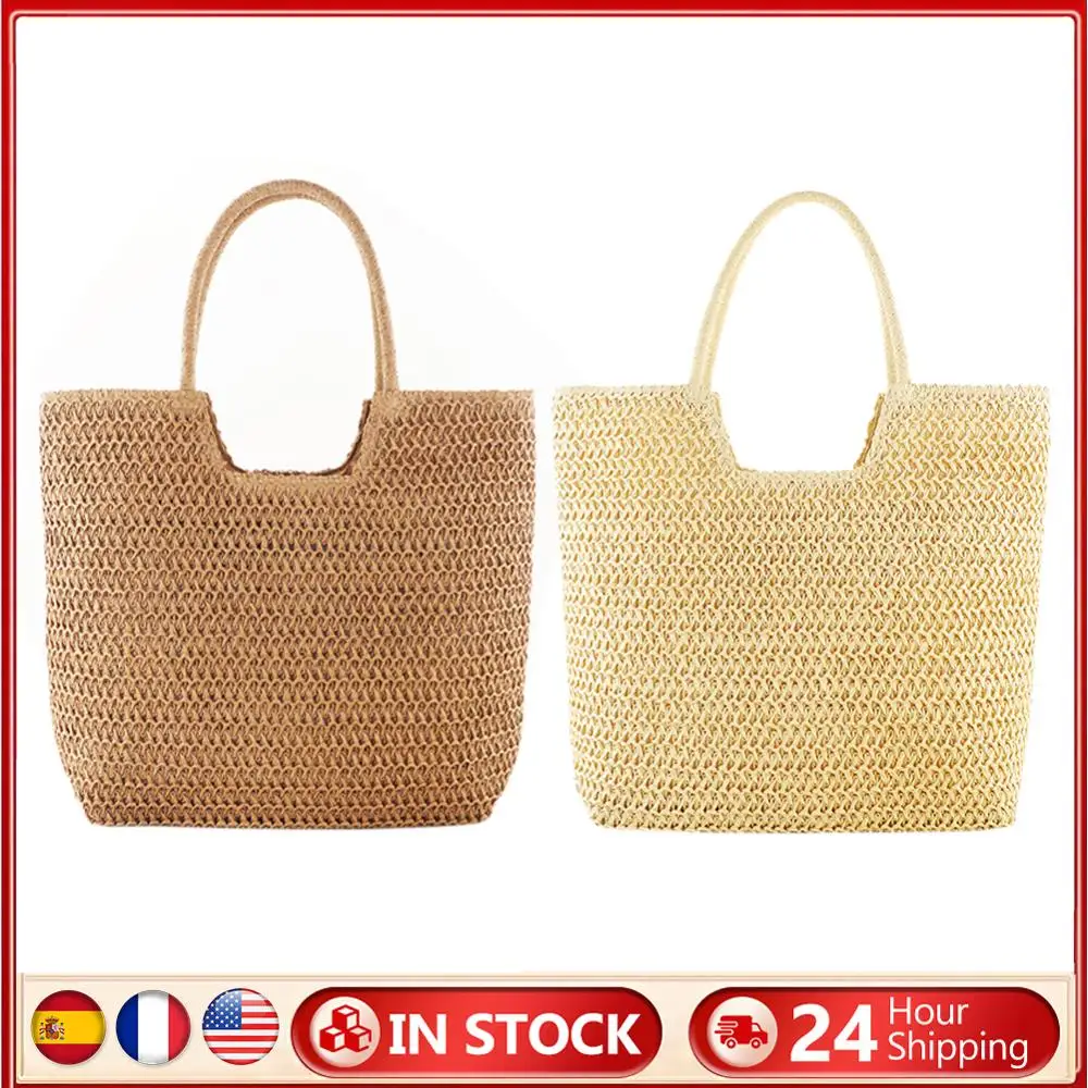 

Women Straw Tote Handbag Large Capacity Vintage Shoulder Bag Zipper Closure Retro Straw Handbag Ladies Summer Daily Bag