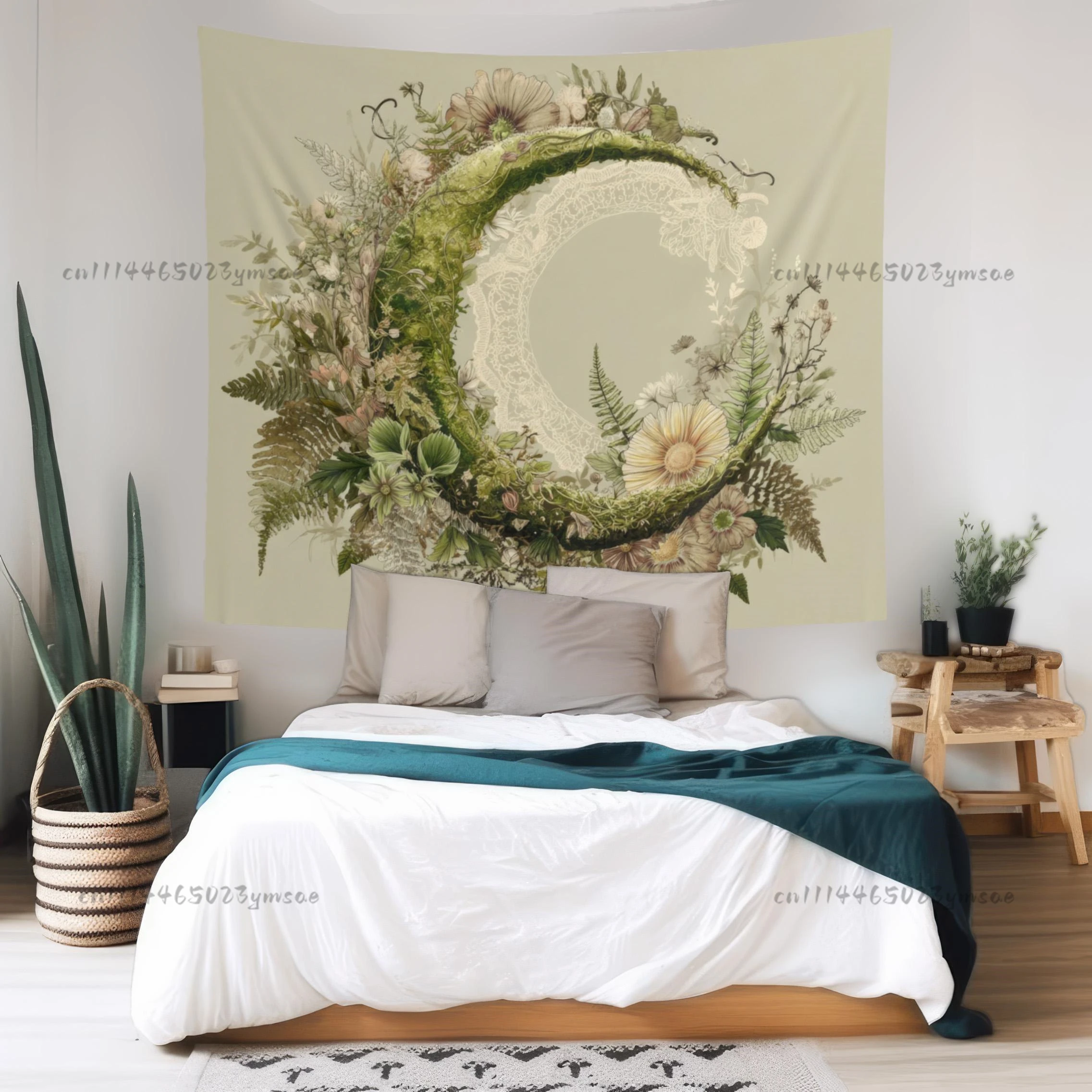 Boutique Tapestry Moss Moon Garden Wall Tapestries Green Botanical Crescent Wall Hanging Earthy Floral Boho Backdrop Cloth Decor