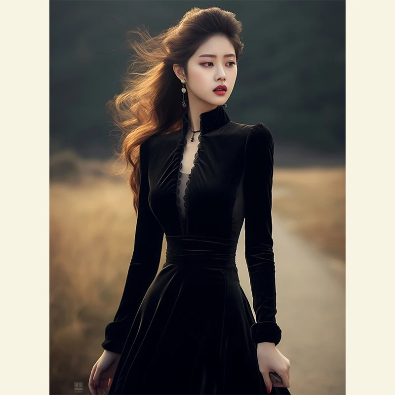 

Elegant Black Velvet Dress 2024 New Style High-end Luxury Evening Gown Ladylike Atmosphere Long Sleeve A-line Skirt Korean Style
