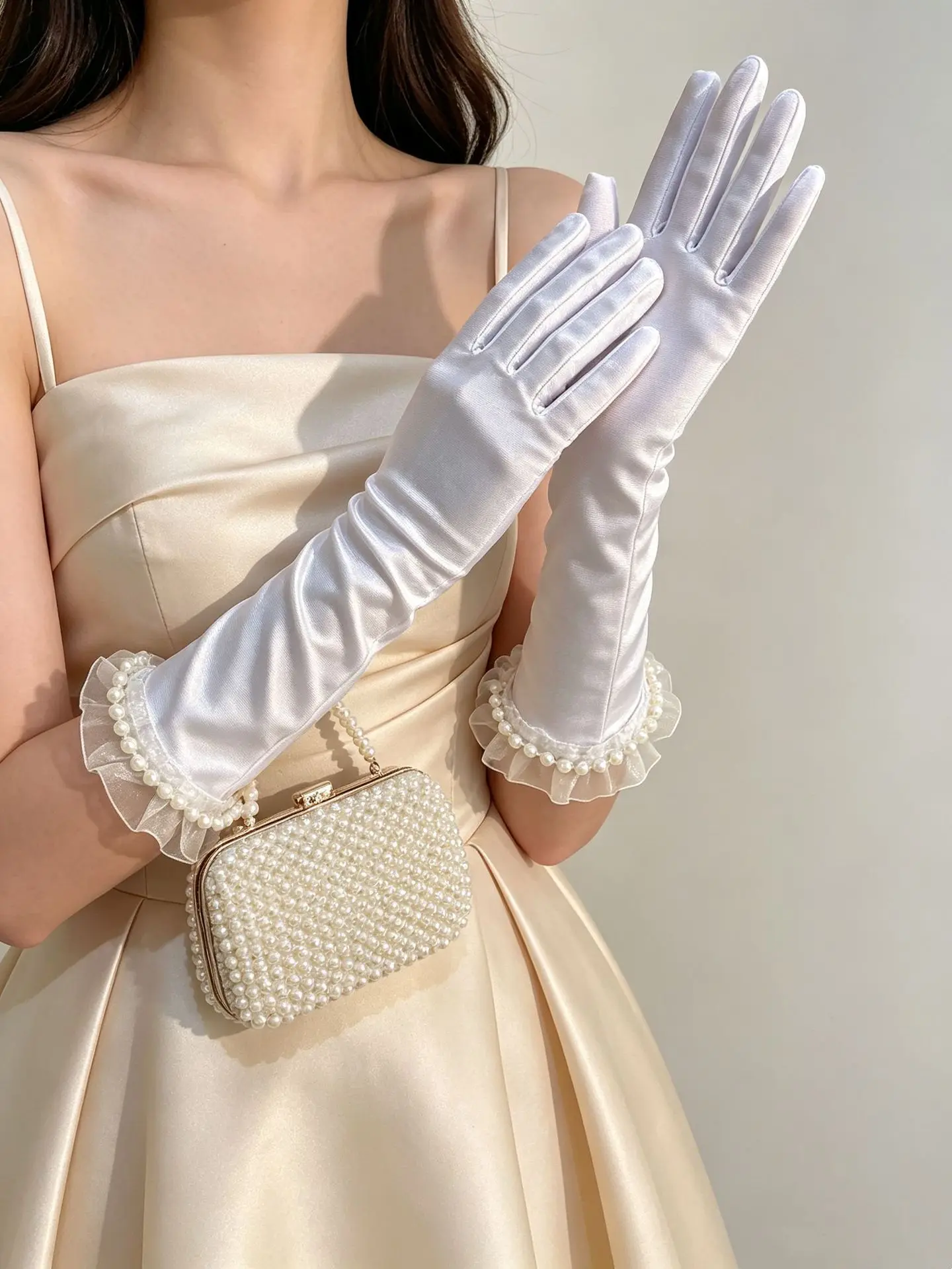 Gloves Women Bridal Long Satin Pearl Ruffle Wedding Dress Matching Photo Studio Accessory Premium Classic Soft Lightweight Comfy