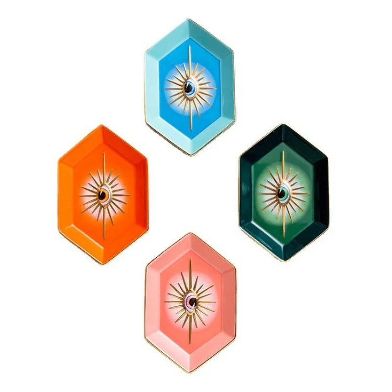 Bandeja de ojos Hexagonal colorida creativa, adornos de cerámica para el porche del hogar, bandeja de almacenamiento de joyas, bandeja decorativa de