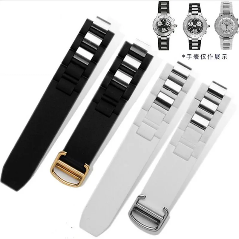 

Black White Convex Mouth Silicone Rubber Watchband 20*10Mm Folding Buckle Resin Strap Fit For Cartie-R 21 CHRONOSCAPH Watch
