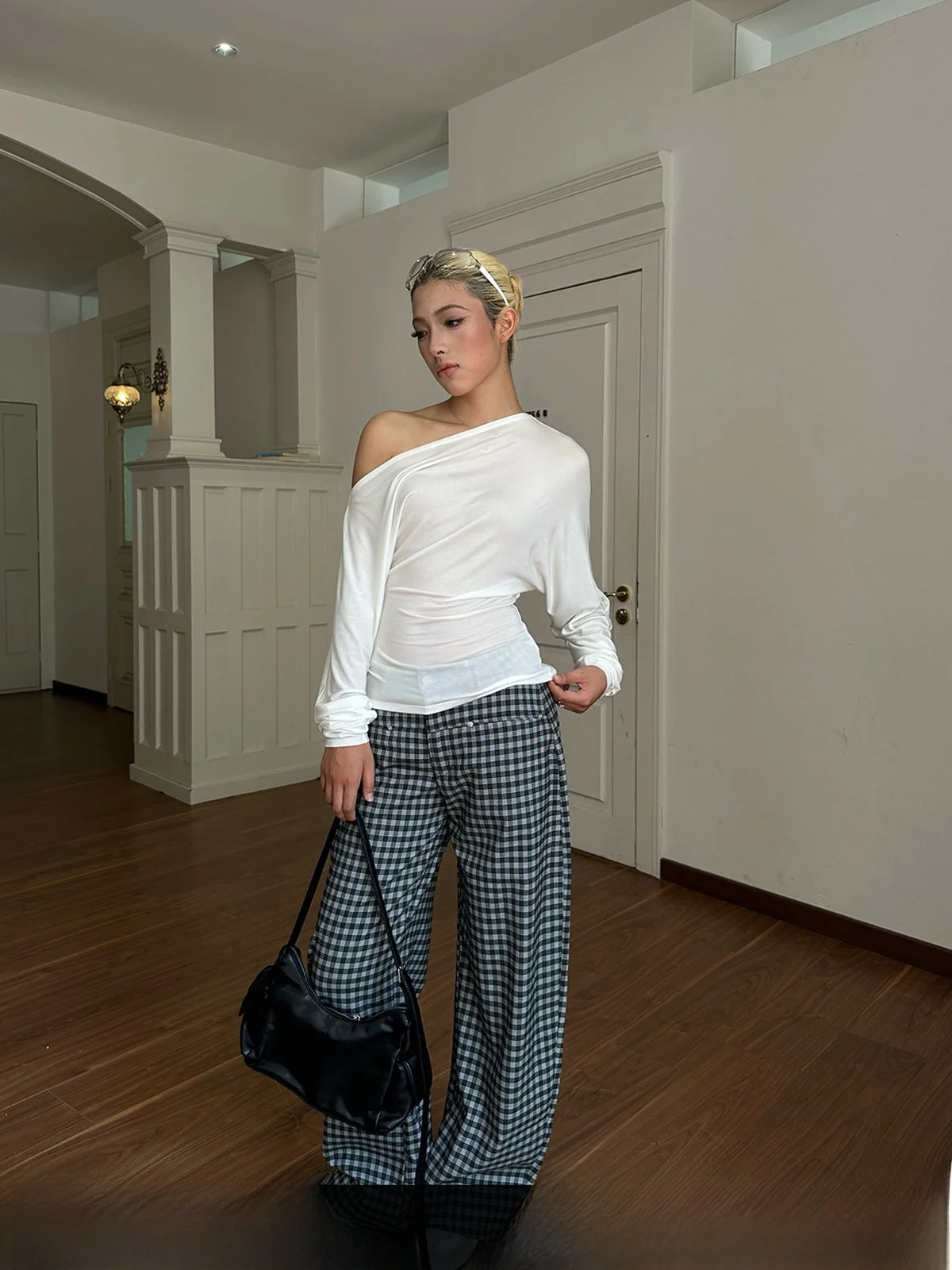

GOGOBURN American Retro Bla White Plaid Low Waist Loose Feeling Lazy Wide Leg Casual Pants Women's New 2026 Sle