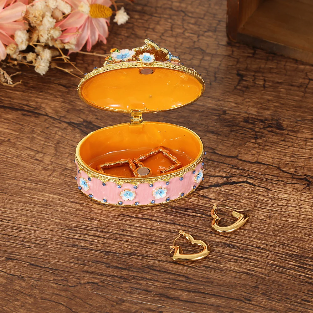 Cute Mini Cherry blossoms Trinket Jewelry Box Metal Enamel Hinged Floral Butterfly Jewelry Box Ring Earring Organizer