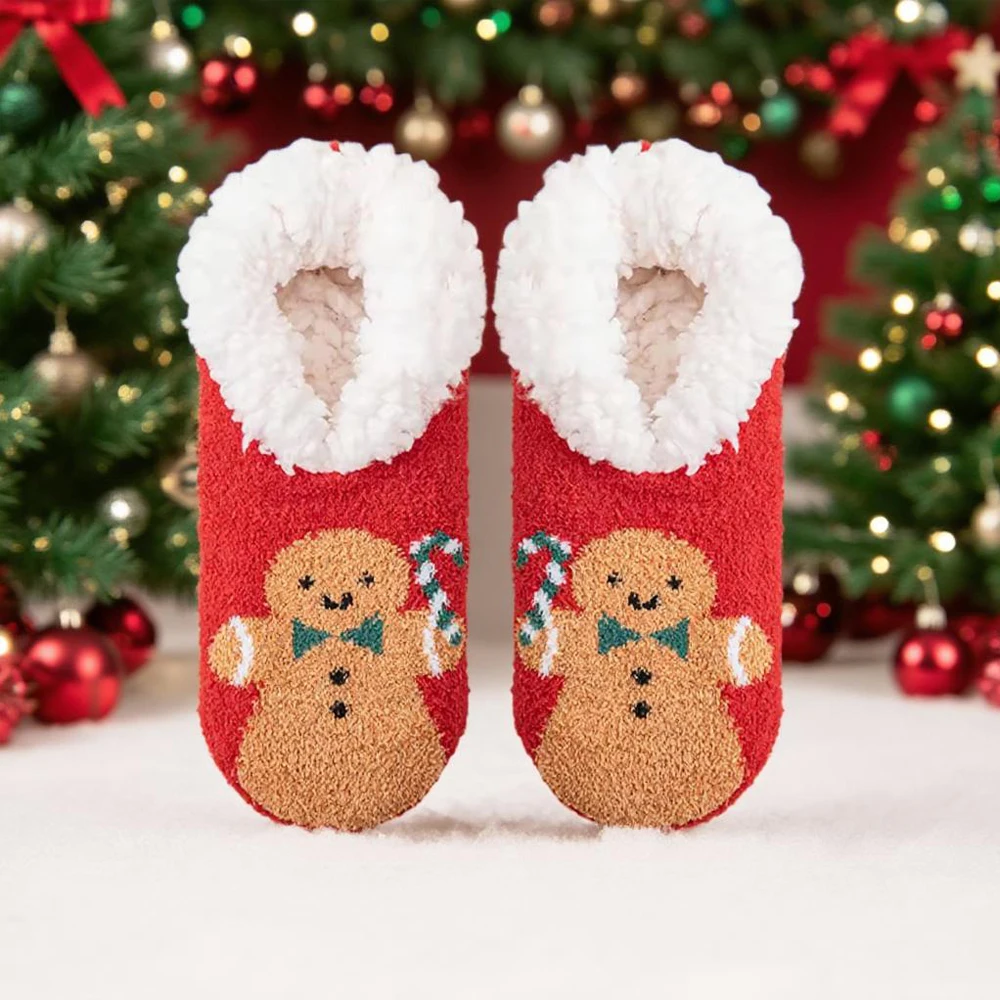 

Novelty Women's Christmas Slipper Socks - Gingerbread Man Design, Fuzzy Sherpa Lined Warm Non-Slip Cozy Floor Socks