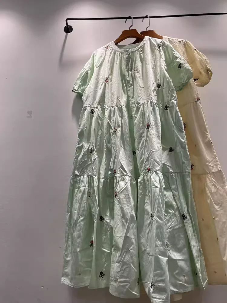 100% bawełna damska sukienka w stylu japońskim z krótkim rękawem beżowo-zielona haftowana sukienka maxi dla kobiet długa sukienka mori girl