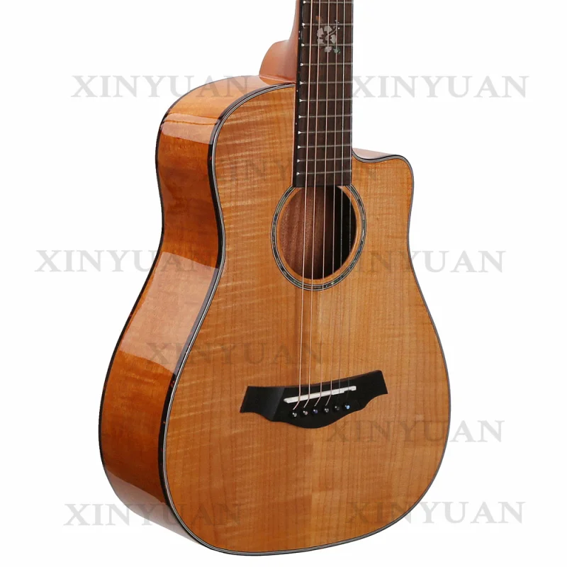 Acoustic Electric Guitar, 34 Inch High Quality Cutaway Instrument with Tiger Maple Solid Top, Okoume Neck, 21 Frets and 6 Steel
