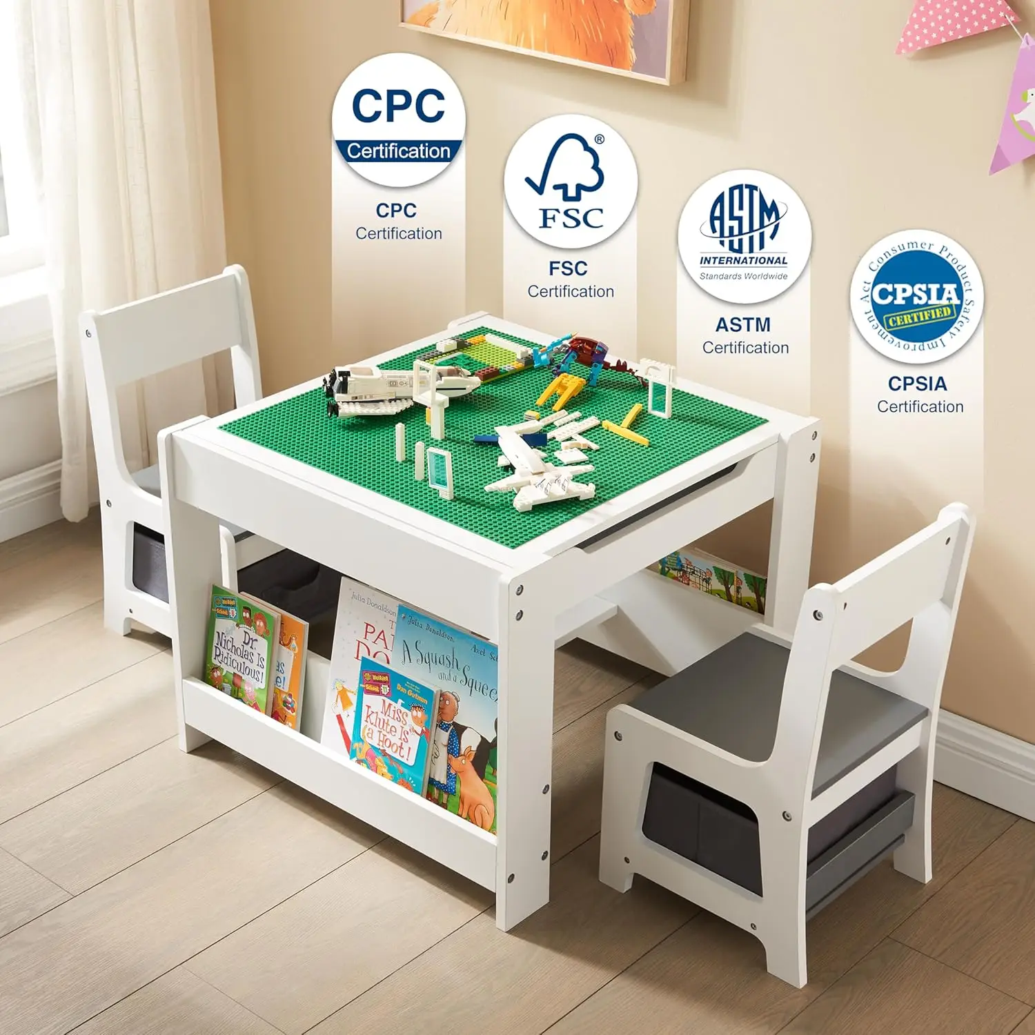 en stoelenset, 3-in-1 houten activiteitentafel met boekenplanken en opberglade, 2-in-1 afneembare tafelbladconstructie P