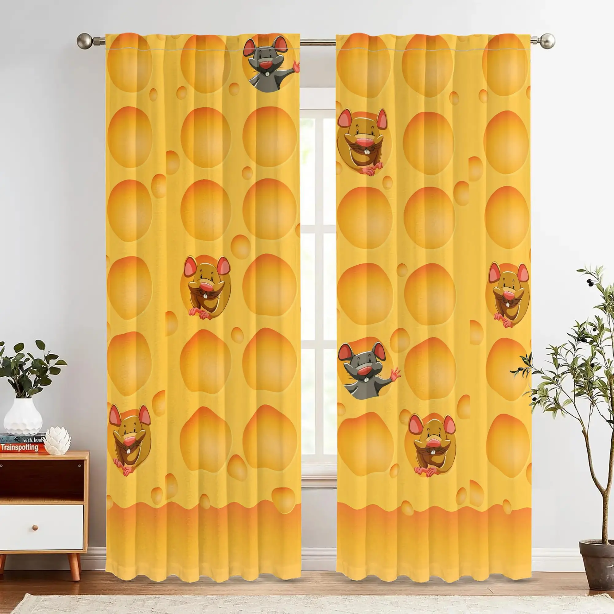 Cute cheese mouse pattern curtains, pole-mounted installation. Suitable for living rooms, bedrooms, dining rooms and hotels
