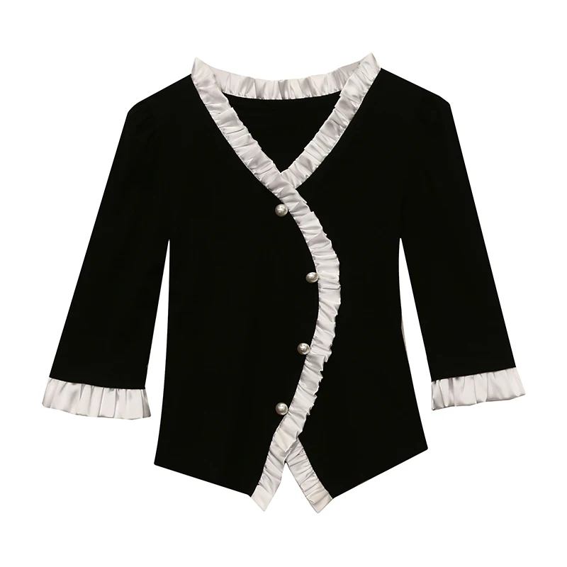 

2025 New Spring Summer European Clothes T-Shirt Chic Sexy V-Neck Patchwork Ruffles Women Tops Half Sleeve Irregular Tees 42015