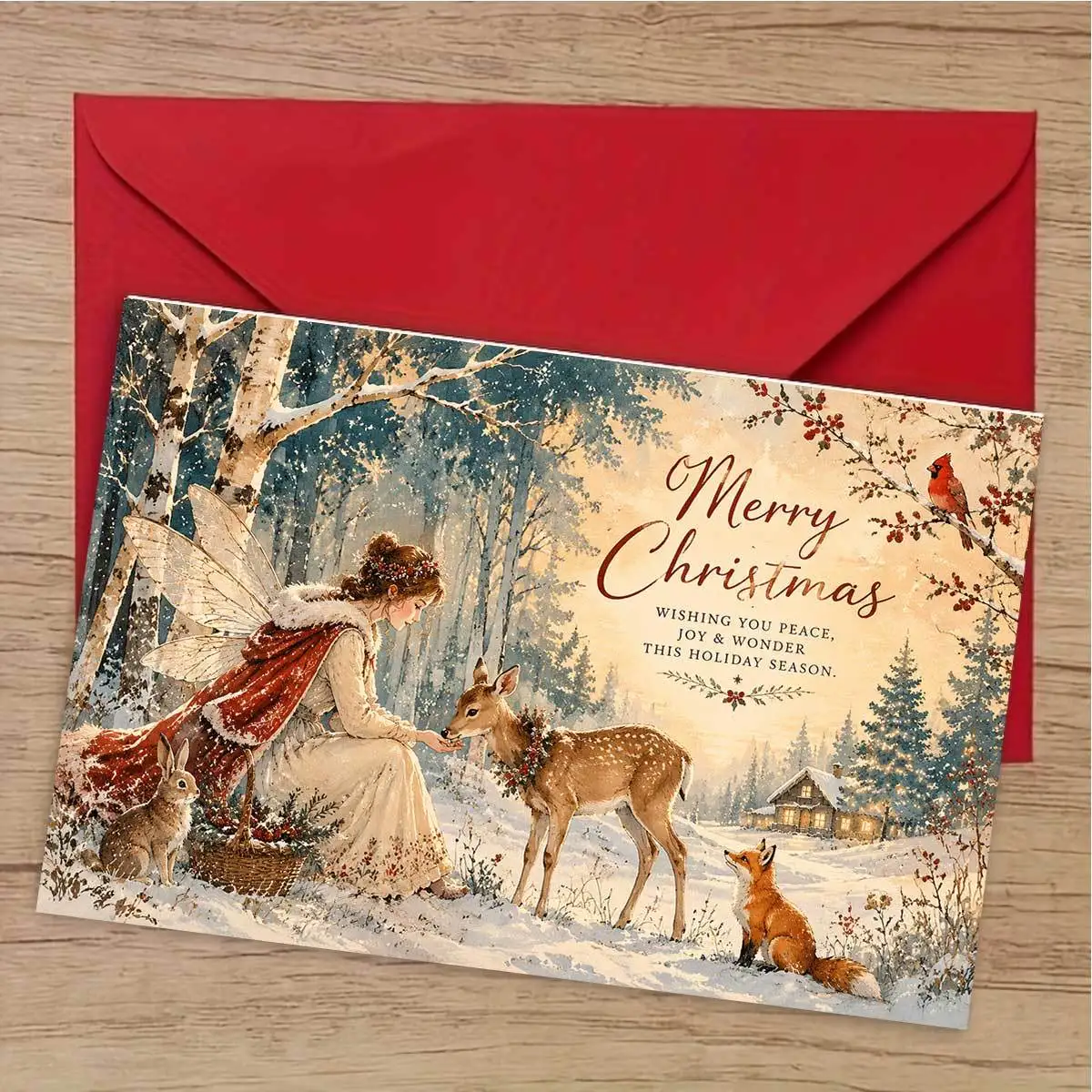 1pc Exquisite and Beautiful Christmas Card, Featuring a Winged Maiden in a Forest Harmoniously Interacting with a Fawn, Fox