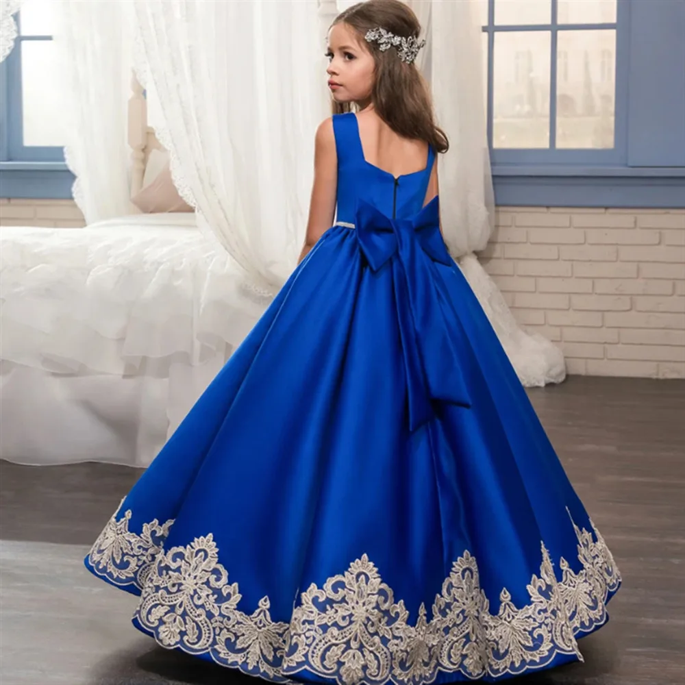

Royal Blue Satin Appliques Flower Girl Wedding Dress Bow Sleeveless Formal Occasion Elegant Princess Birthday Party Dress