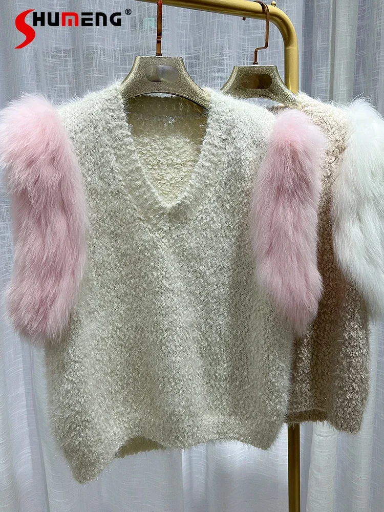 Feminine Fox Fur Sweater Spliced Fur Women's Short Coat Knitted Sweater Tank Tops 2024 Autumn Winter New Ladies Sleeveless Vests