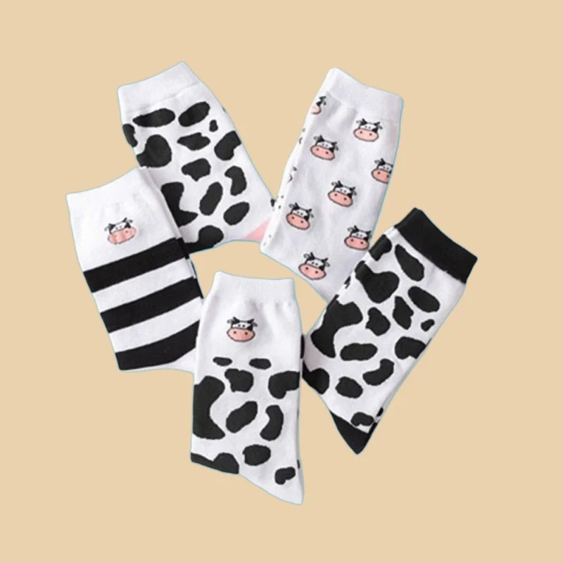 

5/10 Pairs New Cow Pattern Spotted Socks Sweet Cartoon Women's Cotton Breathable Casual Socks Pure Color Cotton Socks