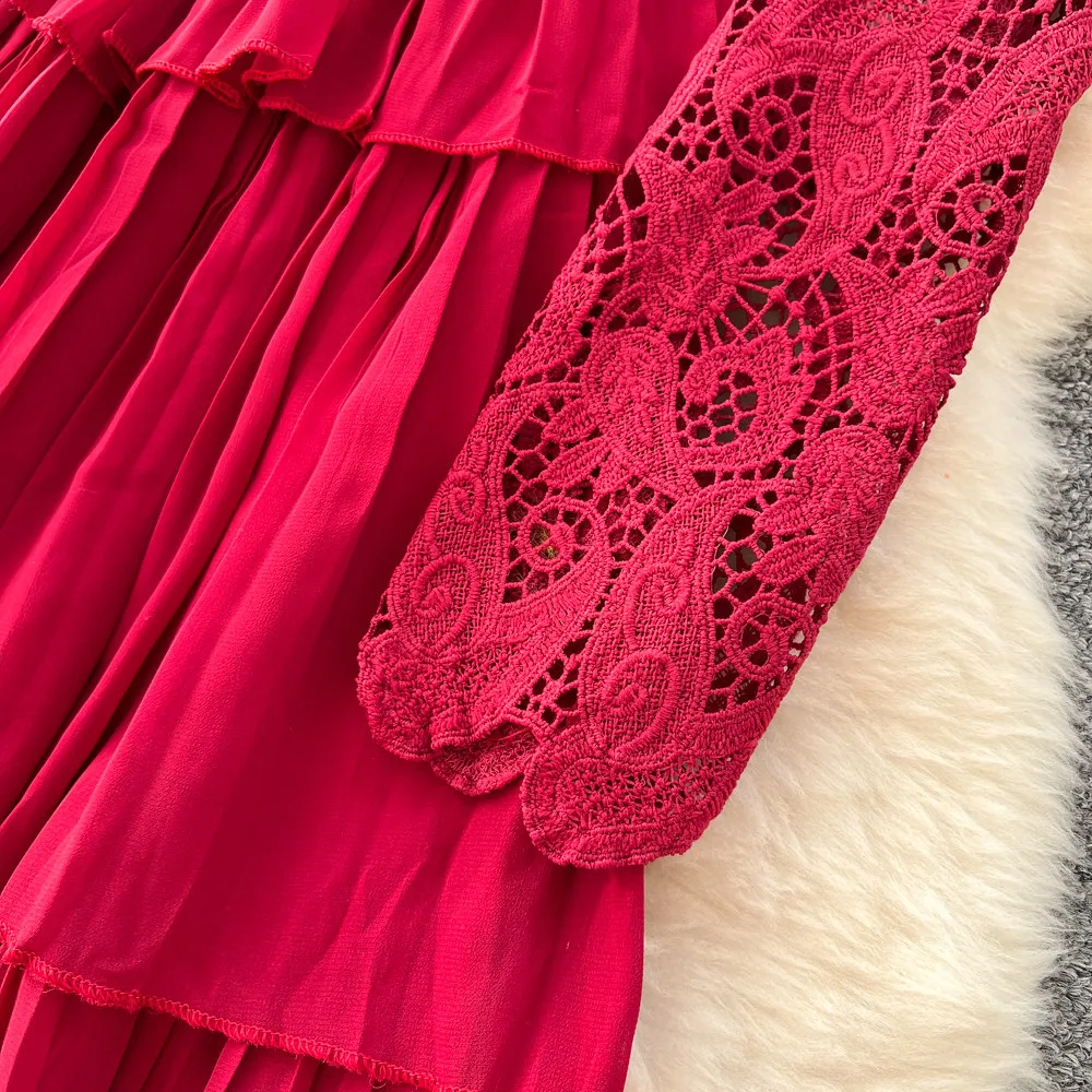 Renda manga longa a linha vestido feminino 2026 primavera nova cintura-cinch babados em camadas vestidos estilo francês vestido temperamento