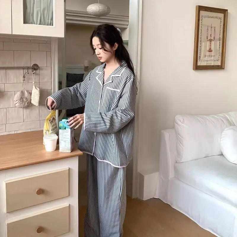 Women's Pajama Set Fashion Homewear Color Contrast Lapel Striped Soft Fabric Women Homewear Sweet Comfy Loose Wearable Outside
