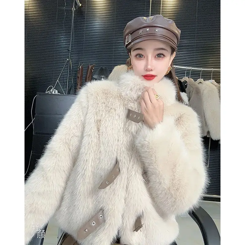 

Autumn and Winter Women's Faux Fur Coat Windproof Stand Collar Fur Integrated Coat