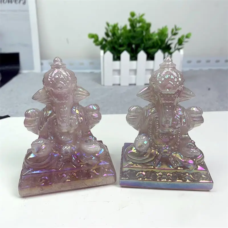 

10cm Natural Aura Quartz Ganesha Handmade Carved Elephant God Polished Animal Powerful Statue for Home Decoration Gift 1pcs