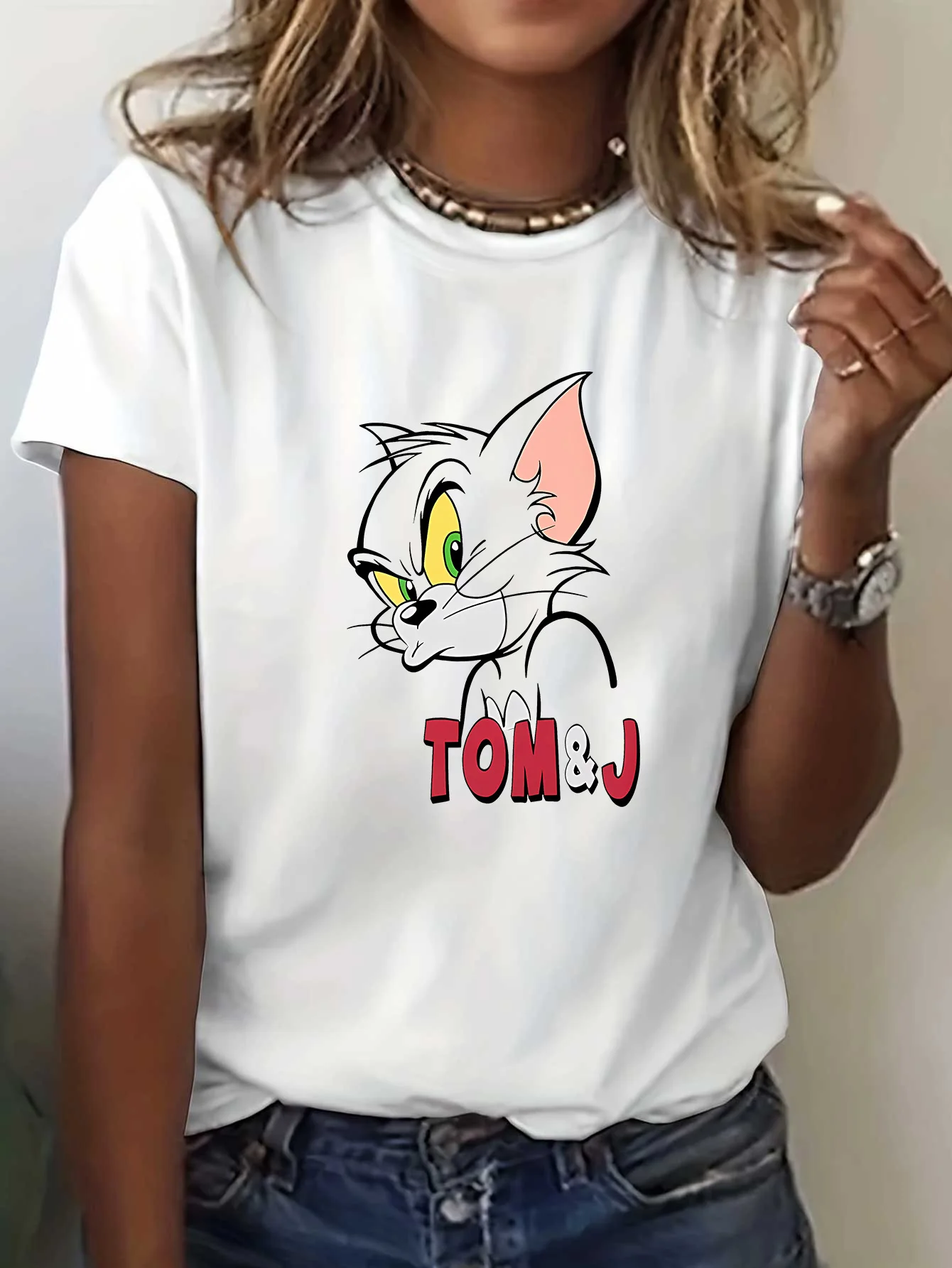 

2025 Tom and Jerry Print Women's T-Shirt Round Neck Short Sleeve Cotton Tee Cartoon Women T-shirt Brand Summer Clothing Y2k Tops