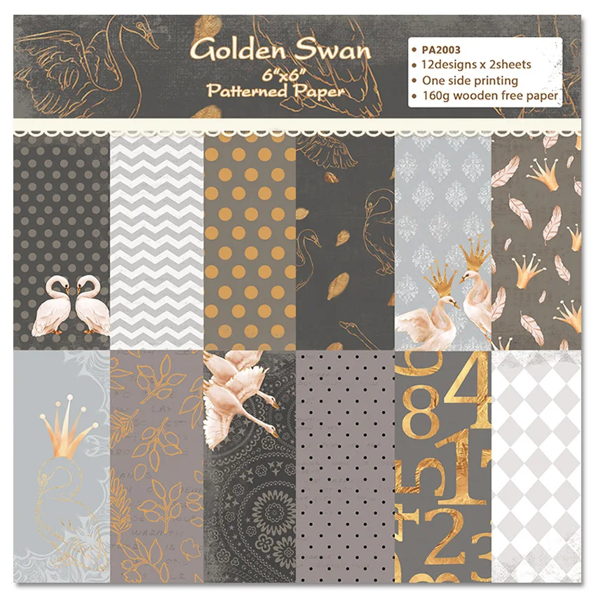 24 Sheets Golden Swan DIY Scrapbook Background Paper Pads Junk Journal Papers Pack Art Handmade Craft Paper Papel 6 Inches