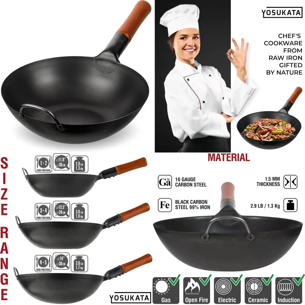 

Предварительно приправленный вок из углеродистой стали 11,8 с плоским дном — универсальная посуда для жарки, барбекю, гриля и кемпинга — подходит для индуктуры