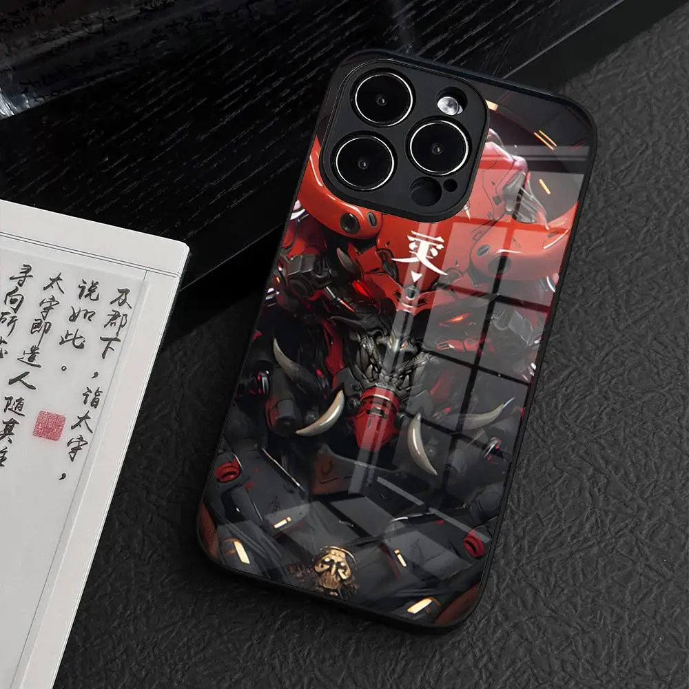 Japan Samurai Oni Mask Phone Case for iPhone 15 Pro Max 14 Plus 12 Mini 11 13 14 Pro Max Magsafe Wireless Charge Glass Cover