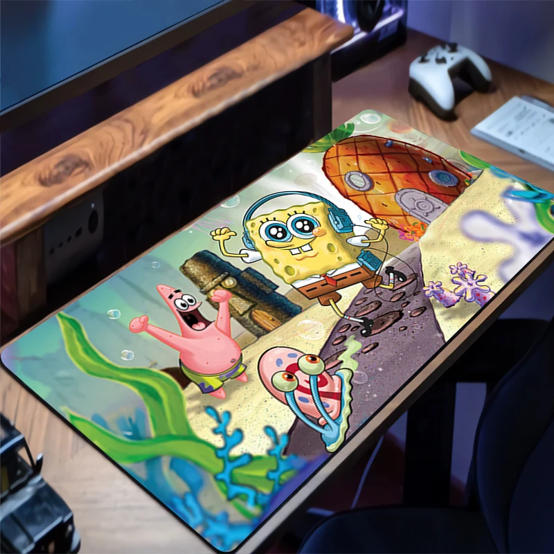 Alas Mouse Gaming Ekstra Besar dengan Tepi Jahitan, Alas Meja SpongeBob SquarePants, Alas Keyboard Komputer Anti Selip