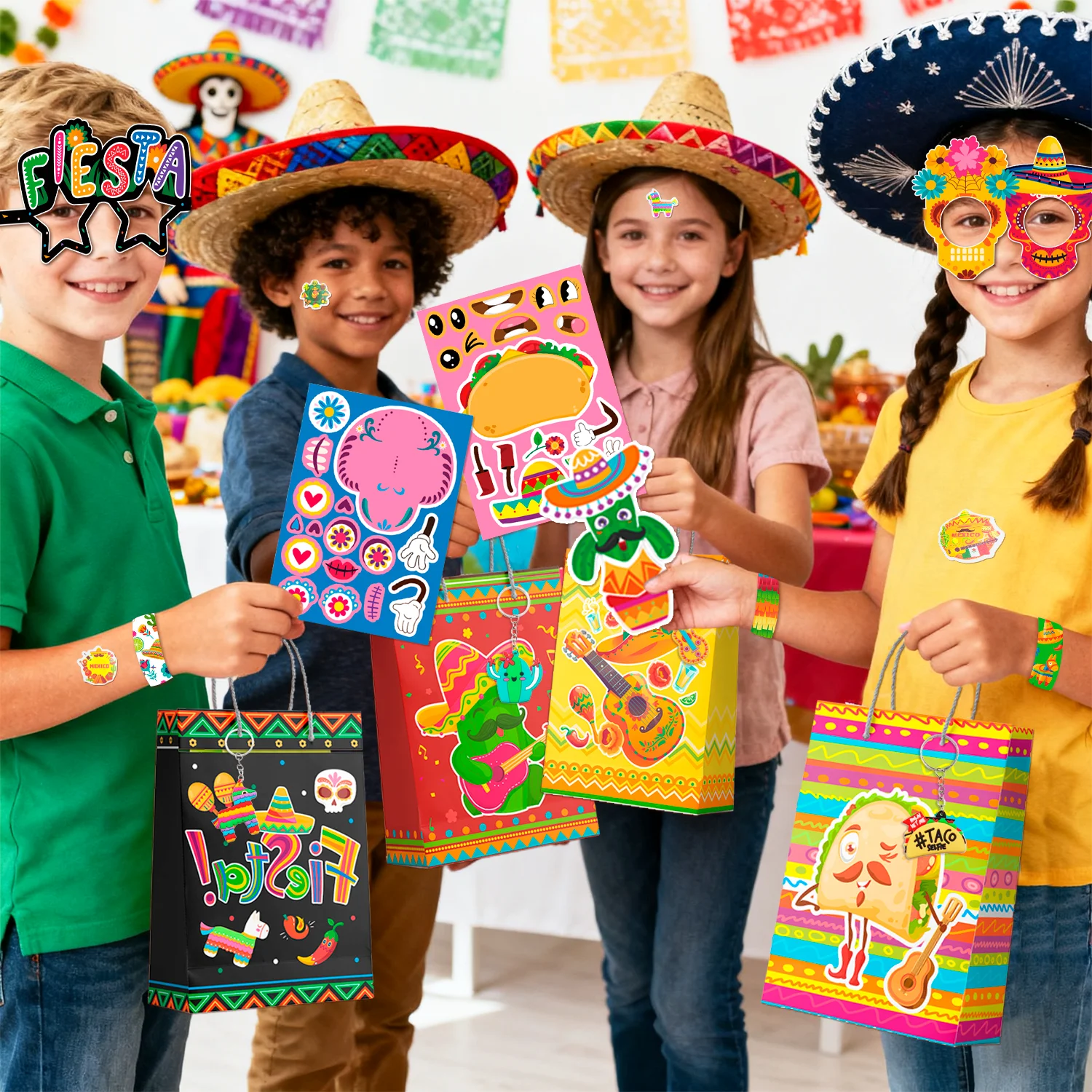 110 Pcs Mexican Fiesta Party Favors Set - Cinco De Mayo Bags & Mexican Character Face Sticker & Mexican Keychain Slap Bracelets etc Mexican Party Favors for Mexican Fiesta Decorations