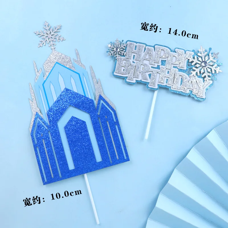 Blue Castle Cake Topper Silver Snow Happy Birthday Flags Party Cake Baking Decoration Supplies