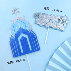 Blue Castle Cake Topper Silver Snow Happy Birthday Flags Party Cake Baking Decoration Supplies