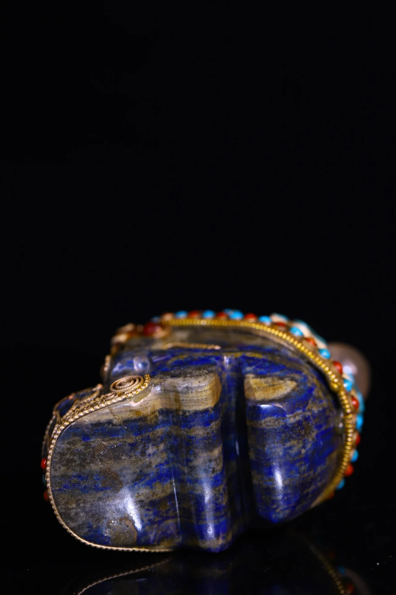 

4"Tibetan Temple Collection Old Natural lapis lazuli Tibetan silver Mosaic Gem gZi Beads Shituo Forest Skull Head Worship Hall
