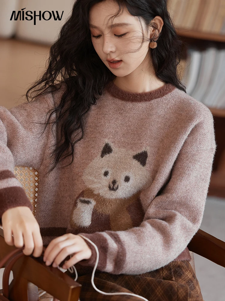 MISHOW Faux Sable Sweater Women 2024 Autumn Winter Sweet Gentle Loose Basic Soft Cartoon O-Neck Long Sleeve Pullovers MXD45Z0860