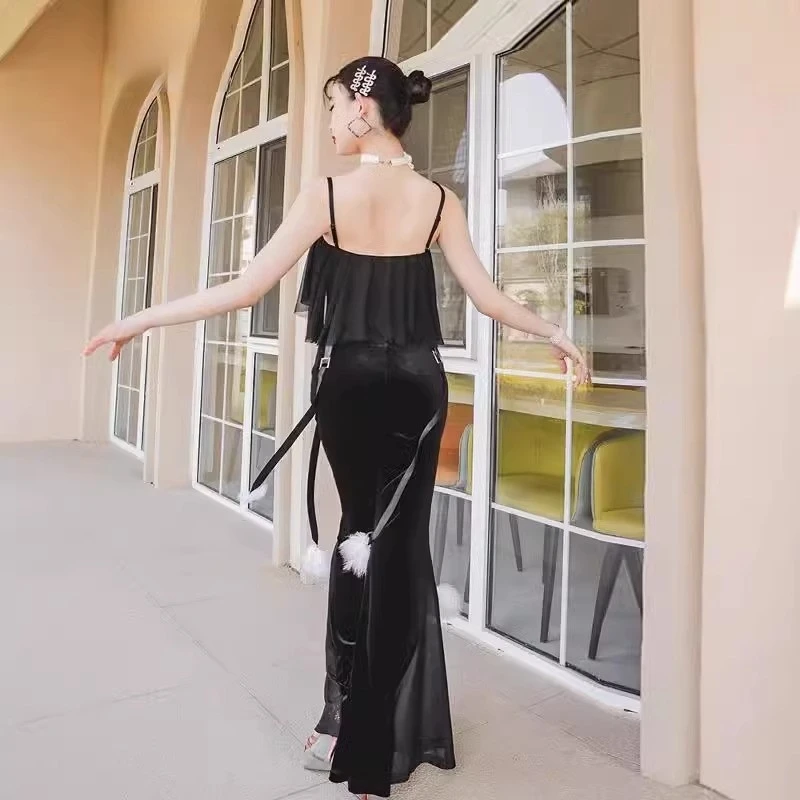 National Standard Dance Uniform Camisole Jumpsuit Velvet Bell Bottom Pants Wide Leg Pants Modern Exercise Suit ADL179