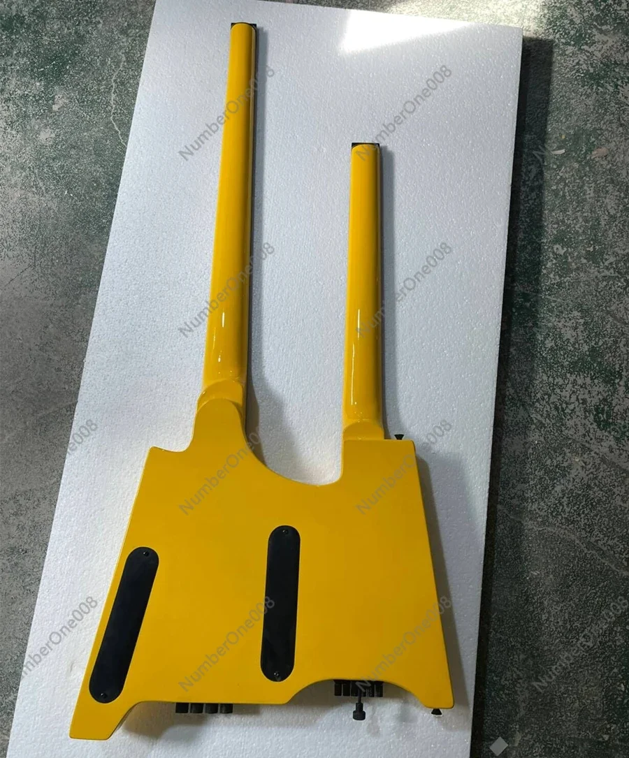 Flyoung Double Neck Yellow Headless Electric Guitar with Black Bardware,Offer Customize